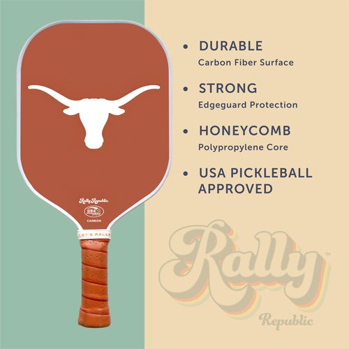 Rally Republic Officially Licensed Collegiate Pickleball Paddle - USA Pickleball Association Approved Racket - Lightweight Honeycomb Core, Carbon Fiber Exterior, Premium Leather Grip for Comfort