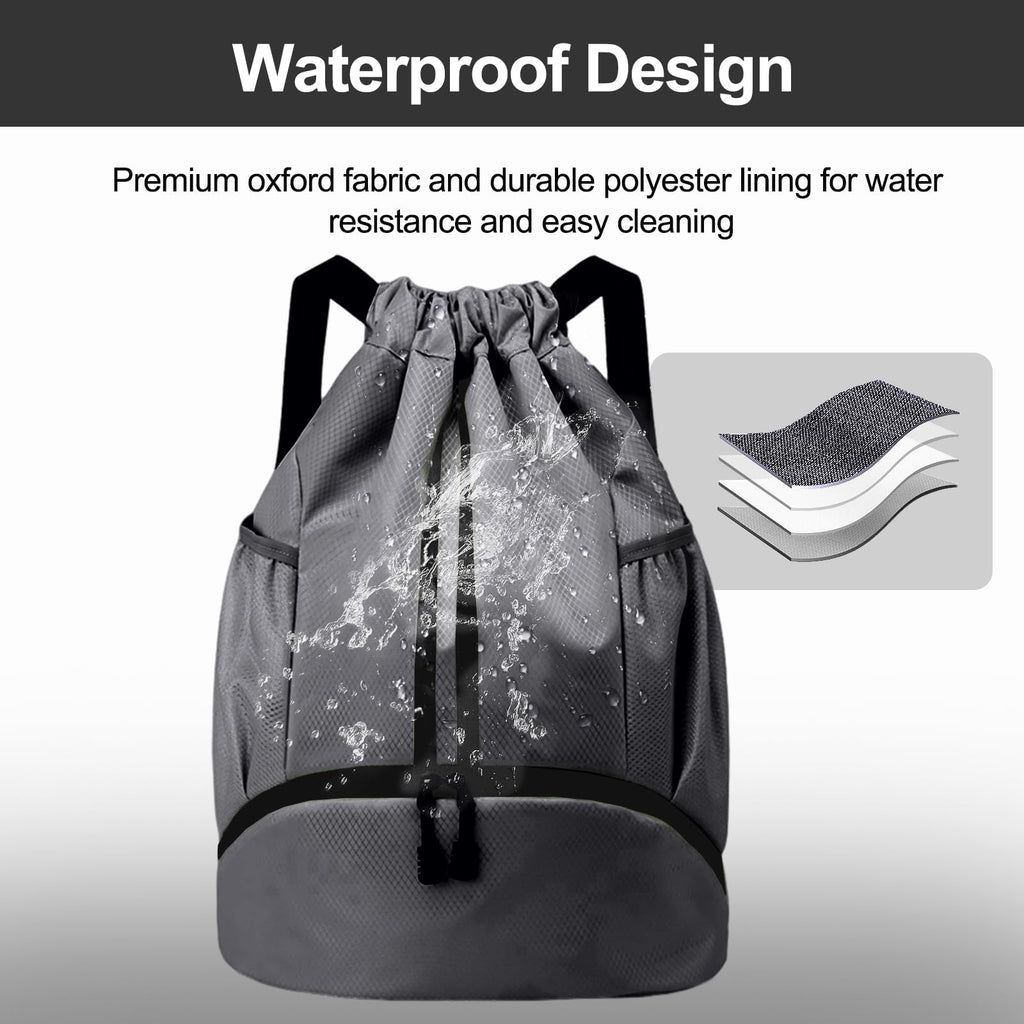 Hoedia Sports Drawstring Backpack - String Swim Gym Bag with Shoes Compartment and Wet Proof Pocket for Women/Men (Dark Grey)