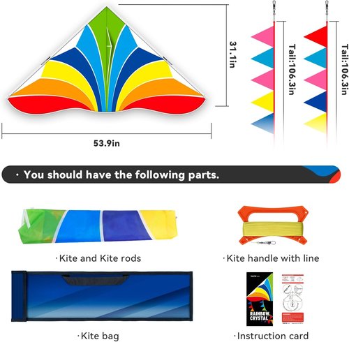 Delta Kite Set - Easy Launch for Kids & Adults | Perfect for Beach & Park Fun (Rainbow Crystal)