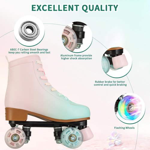 YYW Roller Skates for Girl Women Quad Roller Derby Skates High Top Double Row Light Up Roller Skates PU Skates Shoes for Kid Beginner Indoor Outdoor (37)