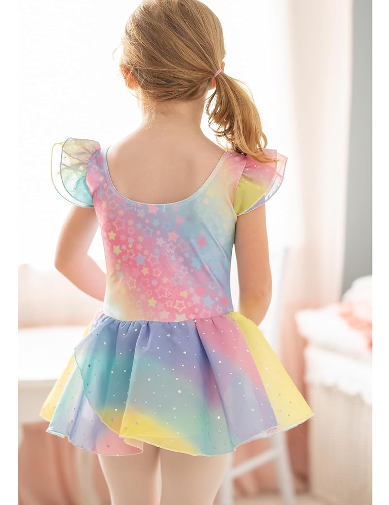 Rainbow Star Variation: Arshiner Girls Ruffle Sleeve Ballet Leotard Dress Tutu Skirt