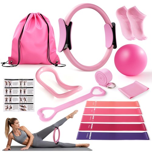 Kaelaris Pilates Kit 14PCS for Women,Home Workout Essentials Kit with Pilates Circle,9 Inch Yoga Ball, Figure 8 Resistance Band, Pilates Sock & Accessories for Beginners, Core Strength,Pink
