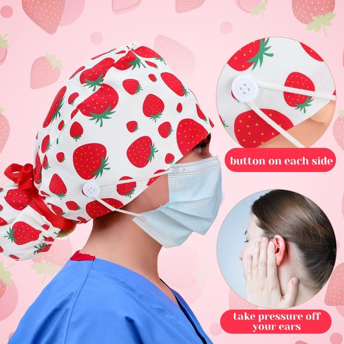 Jamntower 6 Pcs Satin Lined Working Hat Scrub Caps Adjustable Tie Back Bouffant Hats with Button Sweatband for Doctor Nurse(Strawberry Style,Cute Color)