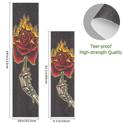 HUSSRITY Skeleton Hand Burning Rose Grip Tape - 9" x 33" Bubble Free Longboard Grip Tape Sheet - Easy Apply for Skateboards & Scooters