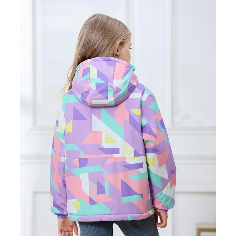 Girls' Waterproof Winter Ski Jacket – Fleece Lined Hooded Snow Coat, Cube Purple+13-14