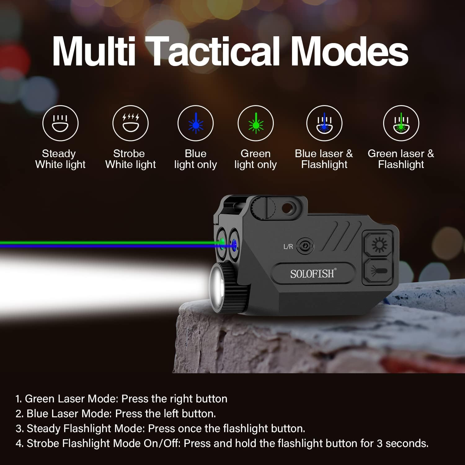 SOLOFISH Pistol Light - 500lm Rechargeable Aluminum Weapon Light with Purple/IR/Green Beam Combo