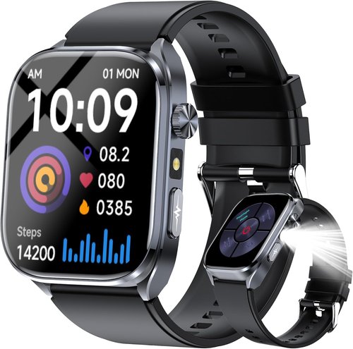 hellibito Advanced Health Smartwatch for Women Men with Real-Time Monitoring of Heart Rate, Sleep Quality and Stress Levels, Always-On Display，Bright Flashlight (Black)
