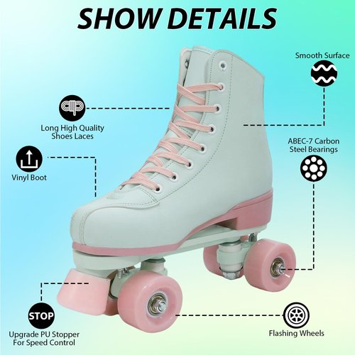 YYW Women Roller Skates Girls Mint Green RollerSkates Light Up Double Row PU Leather Adult Skates for Beginner Outdoor Indoor (Flash wheel 42)