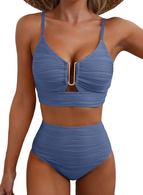 Herseas Bikini Set - U-Wire Cutout High Waisted Swimsuit | Textured 2026 Summer Beach Wear