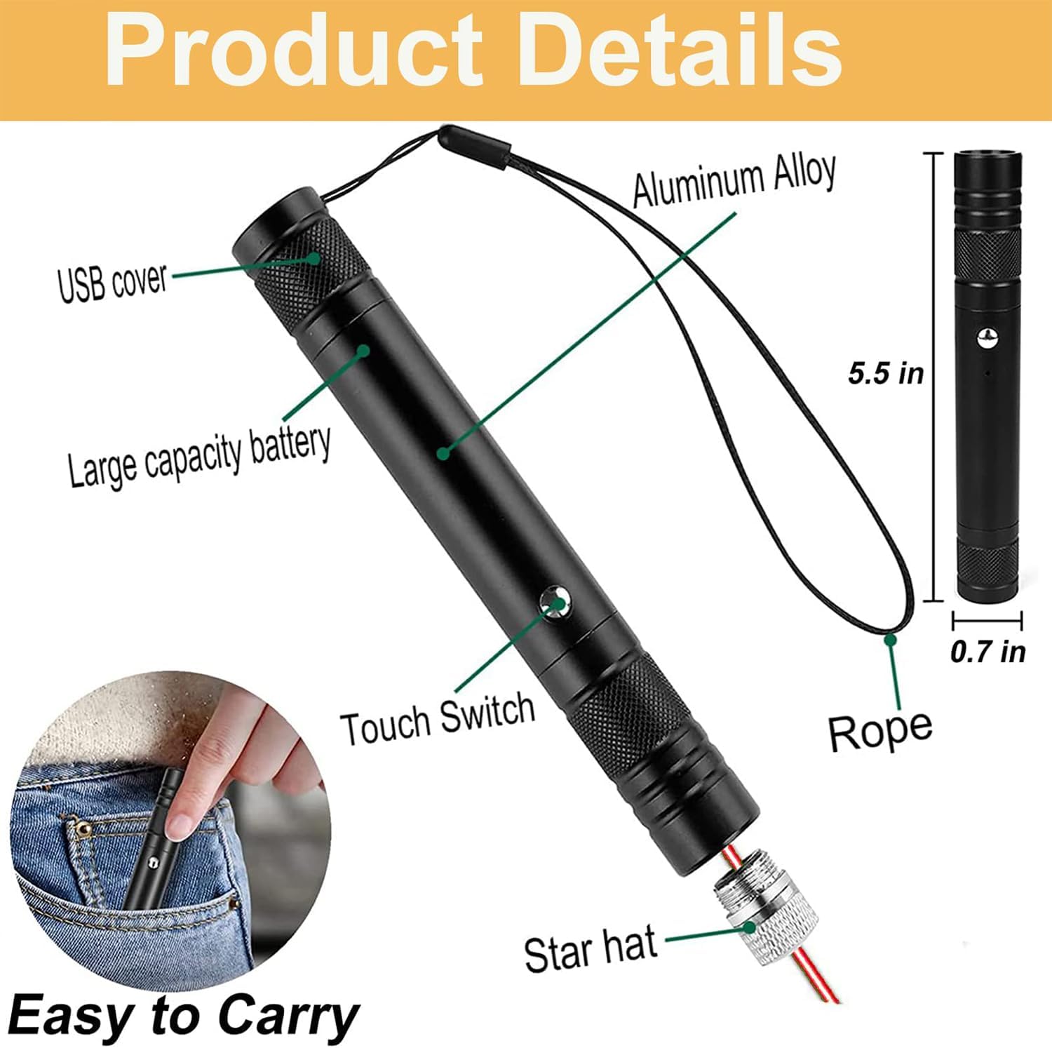 Skiennix Laser Pointer - High Power Red Indicator Light for Long Range Hiking | USB Rechargeable