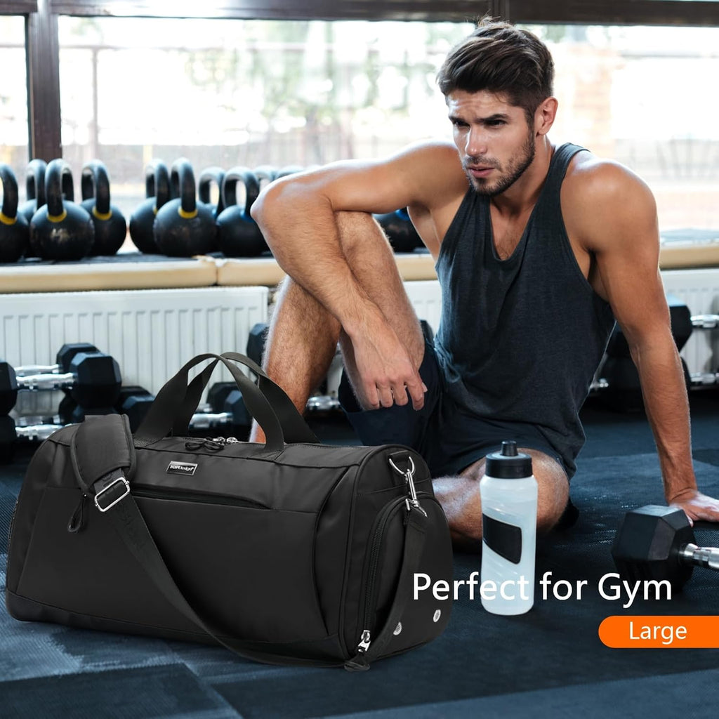 TOPDesign Gym Bag - Unisex Duffel with Shoe Compartment & Wet Pocket for Travel | Large Black