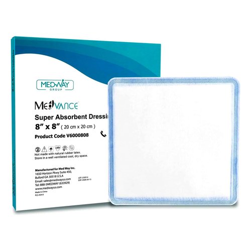MedVance Super Absorbent Dressing, Dressing Pads for Wound Care, for Pressure Ulcers and 1st/2nd Degree Burns, Superior Moisture Absorbency Bandages, Box of 5 dressings (8"x8")