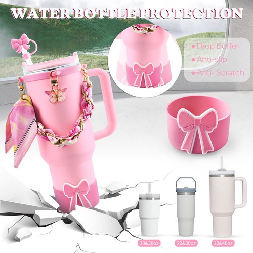 5PCS Butterfly Cup Accessories for Stanley Owala, Water Bottle Handle Strap for Stanley 30/40 oz, Including Straw Toppers, Silicone Cup Boot, Keychain Charms, Cup Decoration for Women Girls, Pink