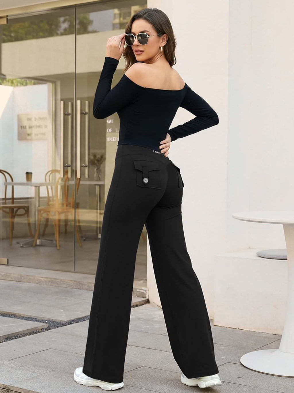 YEOREO High Waist Cargo Leggings for Women - Straight Leg Design with Pockets & No Front Seam