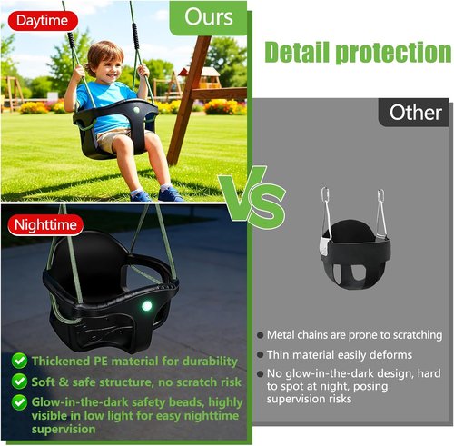 Dakzou High Back Full Bucket Toddler Swing Seat - Upgraded Heavy Duty Design | Fully Assembled, Black