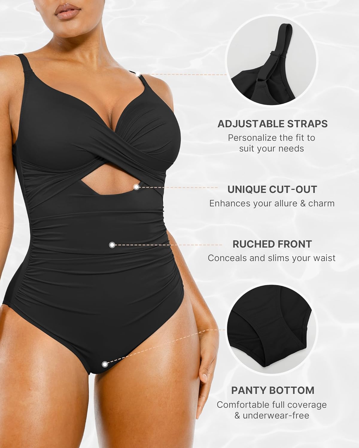 SHAPELLX Tummy Control One-Piece Swimsuit - V Neck, Ruched Design, Slimming Fit, Built-In Bra