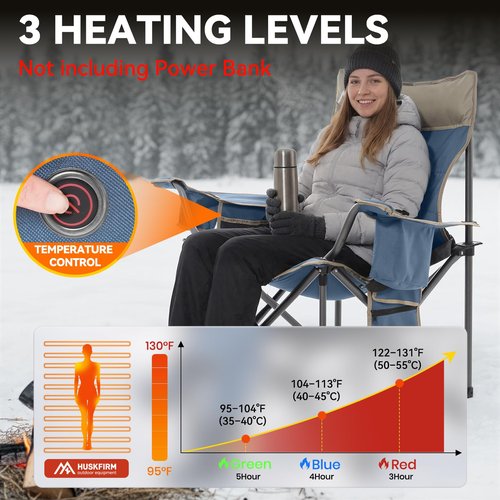 Huskfirm Heated Camping Chair Extra Wide Heated Chair Heavy Duty Heated Camp Chair Supports 450 lbs Heated Lawn Chairs for Adults with Cup Holder, Cooler, Side Pocket (Power Bank not Included)