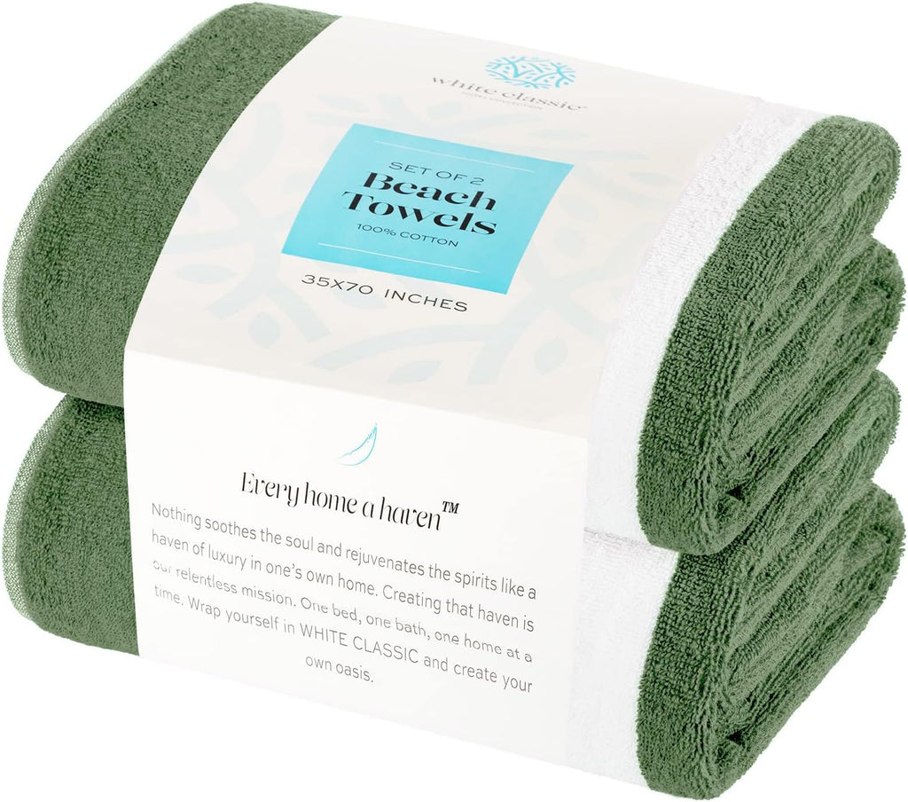 Regine Switzerland Oversized Cabana Stripe Beach Towels - Luxury Plush Quick-Dry Cotton 35x70 in Khaki Green | 2 Pack