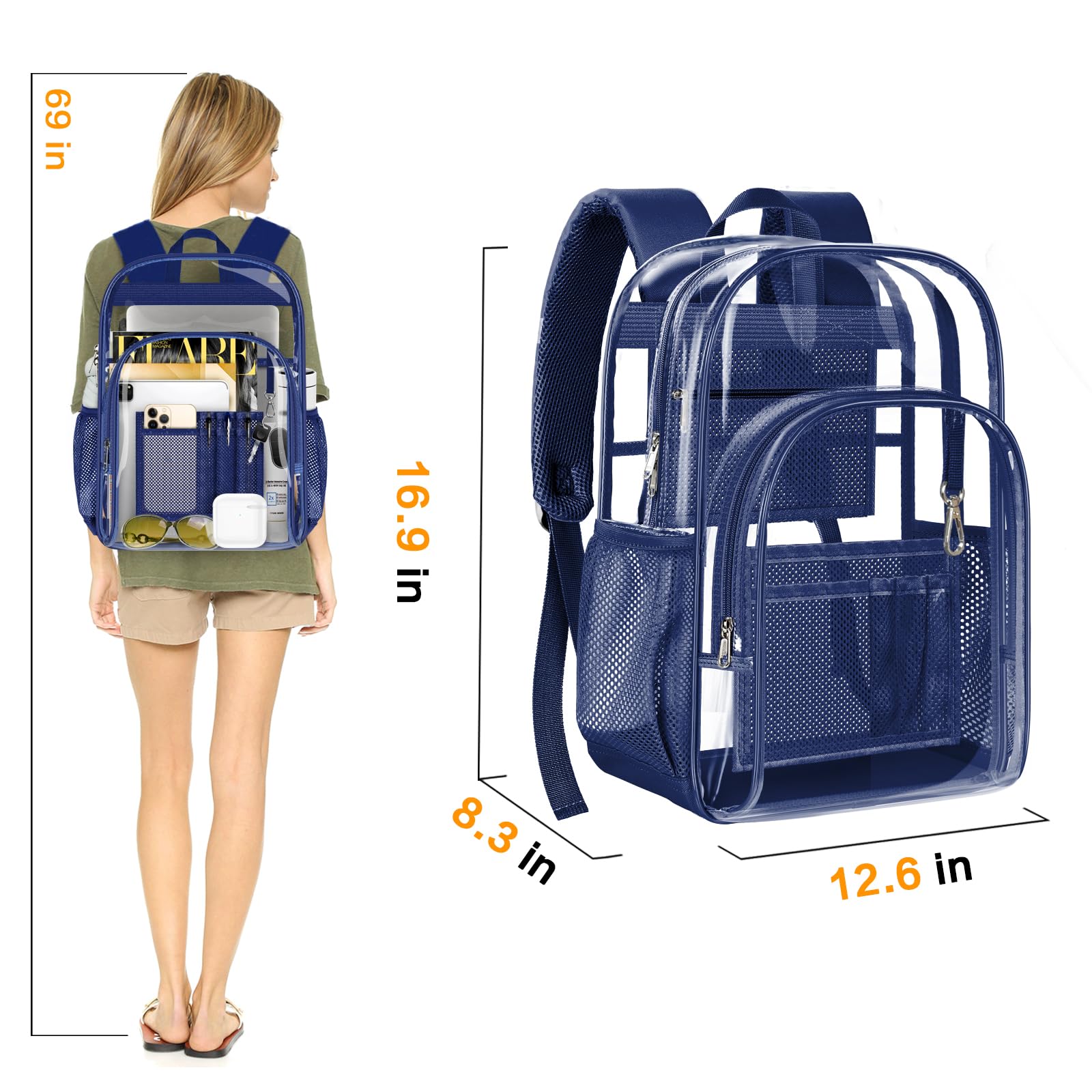 PAMANO Clear Backpack, Heavy Duty Transparent Backpack with Reinforced Bottom See Through for College, Travel, Workplace Security, Navy