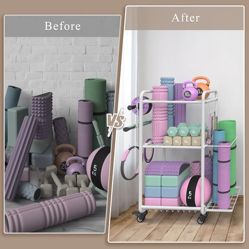 Multi-Functional Home Gym Storage Rack - Yoga Mat Storage Rack, Dumbbell Weight Rack & Workout Equipment Storage with Heavy-Duty Steel Construction for Gym Fitness Organizer (White)