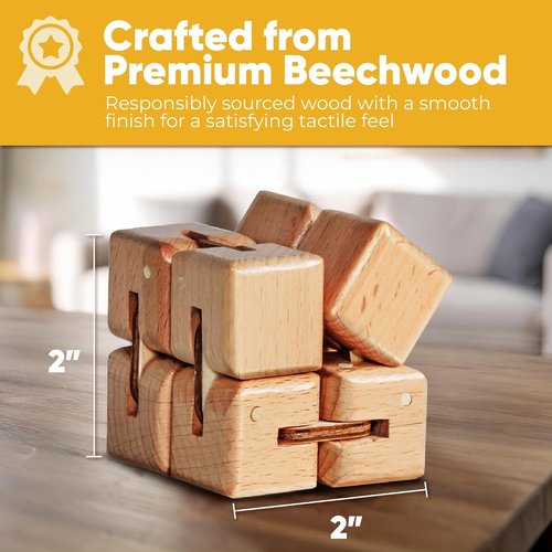 BunMo Wooden Fidget Cube - Beechwood Infinity Fidget Toy for Stress Relief | Larger Size, Smooth Folding Design