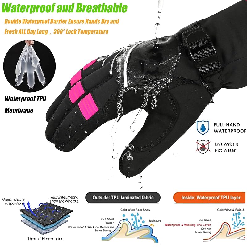 MOREOK Waterproof Winter Gloves 3M Thinsulate 200g - Pink Medium, Touchscreen