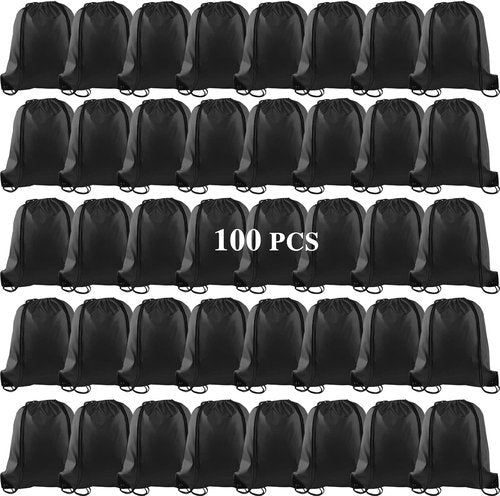 KUUQA Drawstring Backpack Bags - 100Pcs Bulk Black Storage Sacks for Sports & Travel