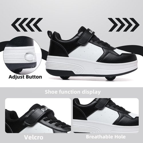 HSQ Roller Skate Shoes for Girls Boys Kids Detachable Wheeled 2 in 1 Skating Shoes with Wheels Fashion Sneaker Ages 5-8,8-12 Black White Size Big Kid 4