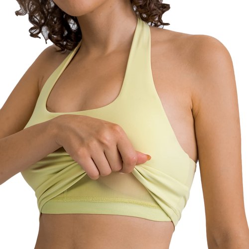 Lemedy Halter Backless Crop Tank Top Wirefree Built in Shelf Sports Bra (Yellow Green, XL)