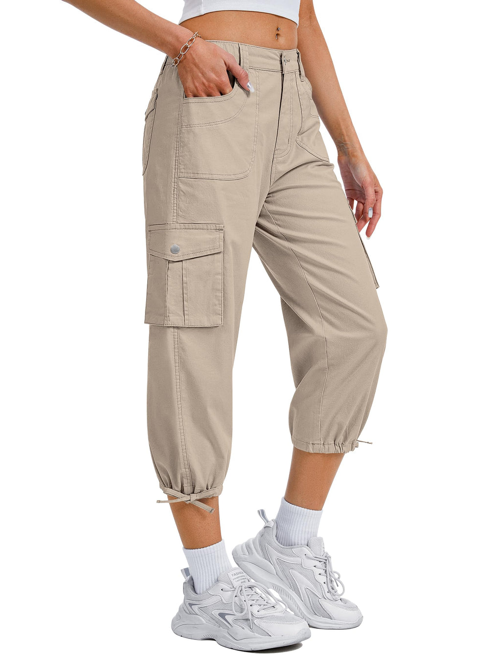 Eddoyee Cargo Capris for Women Pants Cotton Hiking Pants with 6 Pockets Elastic Waist Casual Summer Pants 2026 Khaki