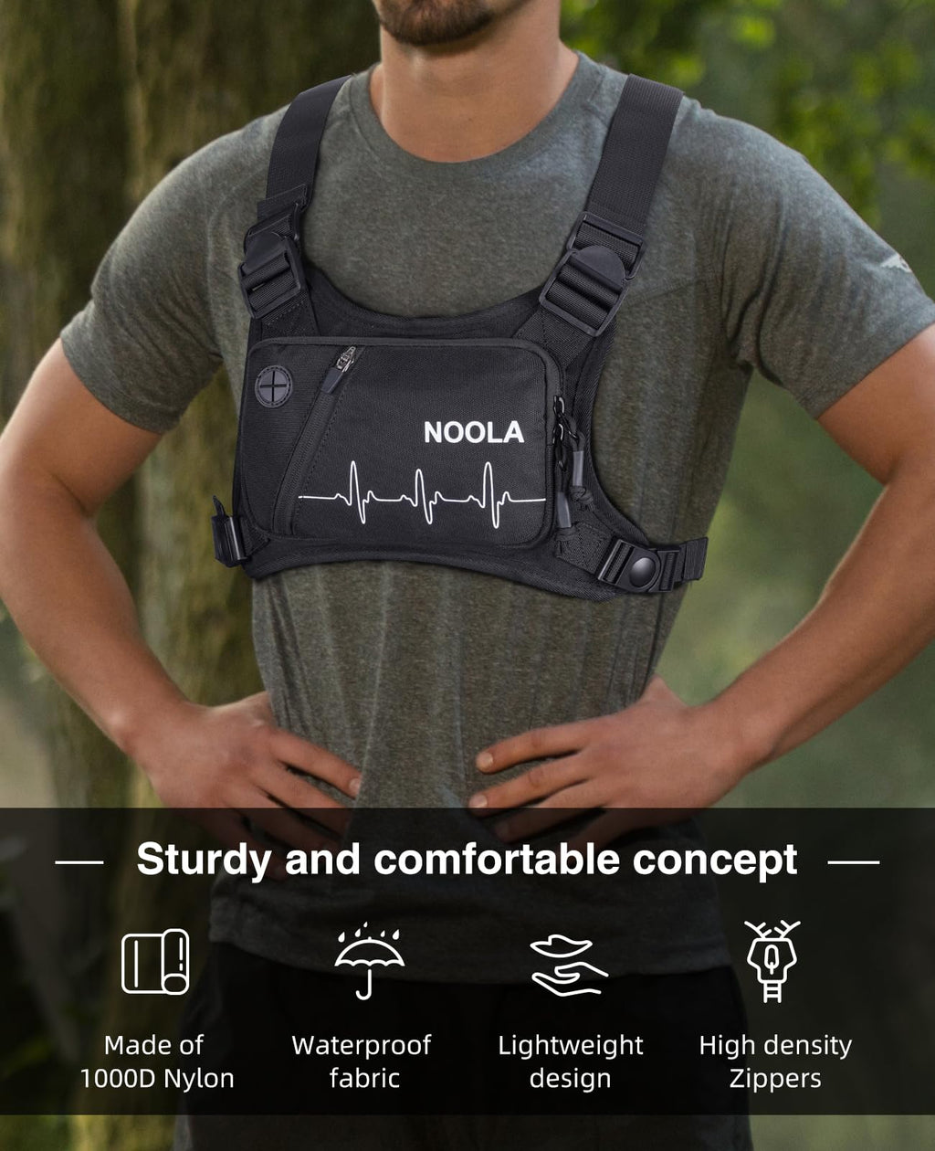NOOLA Running Chest Pack, Running Vest for Men Women with Reflective Back, Lightweight Sport Chest Bag for Runners, Cycling, Biking, EDC Pouch, Phone Holder Carrier for Jogging, Black