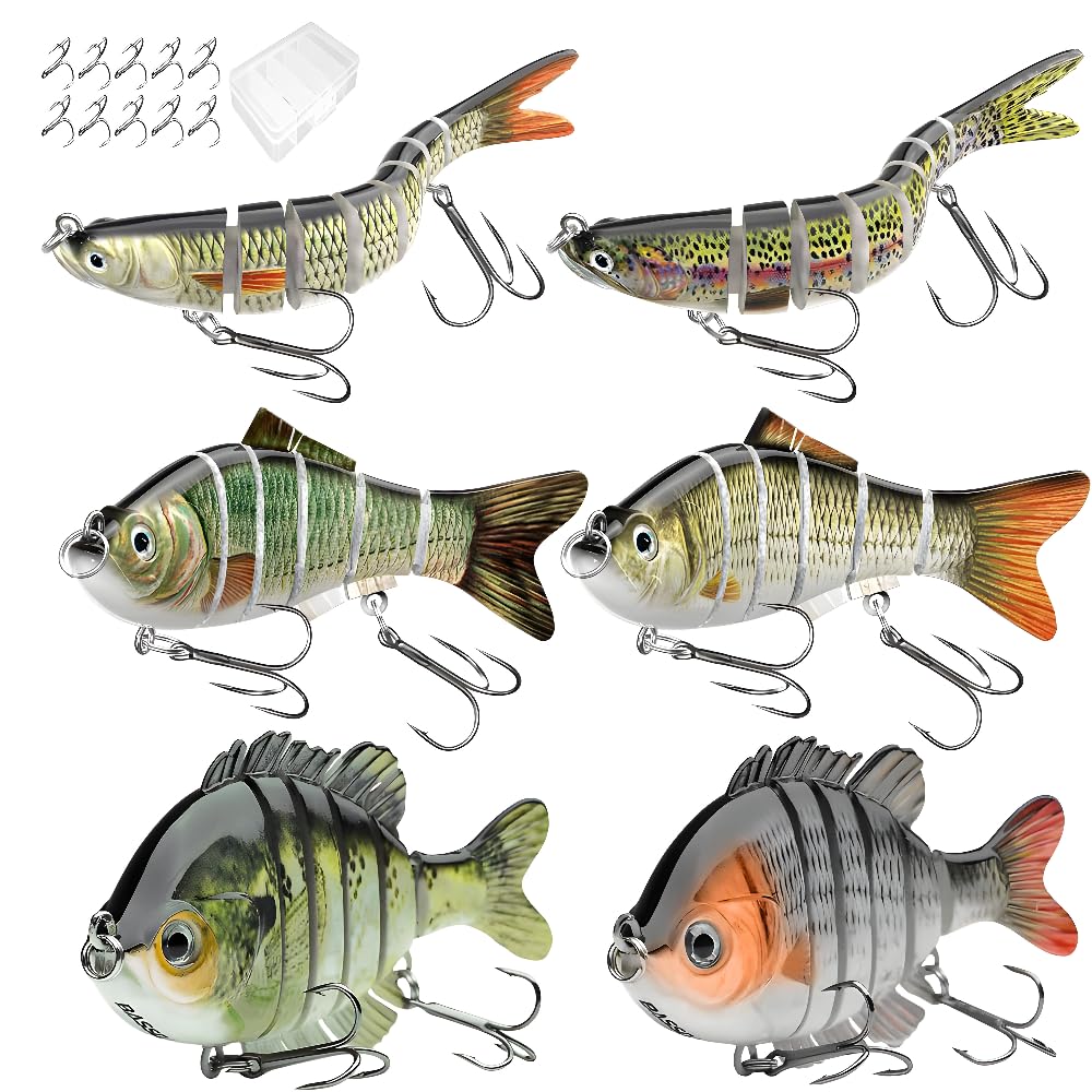 6 Pcs Fishing Lure Set with Durable Hard Plastic Tackle Box | Bass Trout Saltwater Freshwater Fishing Lures | Slow Sinking Lifelike Jointed Swimbait for Beginner & Pro Anglers