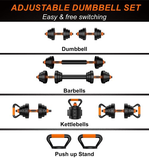 DICAO Adjustable Weights Dumbbell Set 22LBS/44LBS, 4 in 1 Barbell Weight Set for Women Men, Free Weights Exercise & Fitness Dumbbells for Home Gym, Hand Weightlifting Muscle Strength Training（20KG Kettlebell）