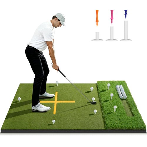 6x4FT 21-45mm Dual-Turf Golf Hitting Mat with Ball Tray, Thickened Golf Mat with 9 Hitting Holes, Practice Mat with Alignment Aid for Realistic Indoor Outdoor Practice, Professional Golf Training Aid