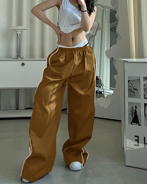 LAOARA Women Y2K Baggy Track Pants Elastic Waist Wide Leg Parachute Pants Jogger Sweatpants Wine Red