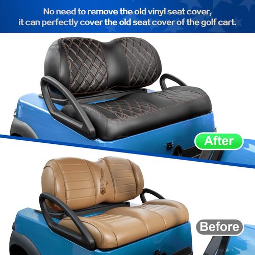 NOKINS Golf Cart P-P Diamond Leather seat Cover for it Club Car Precedent/Tempo/Onward Premium,No Stapler Required, Golf Cart Vinyl Replacement Seat Cover.Black&Brown Stitching