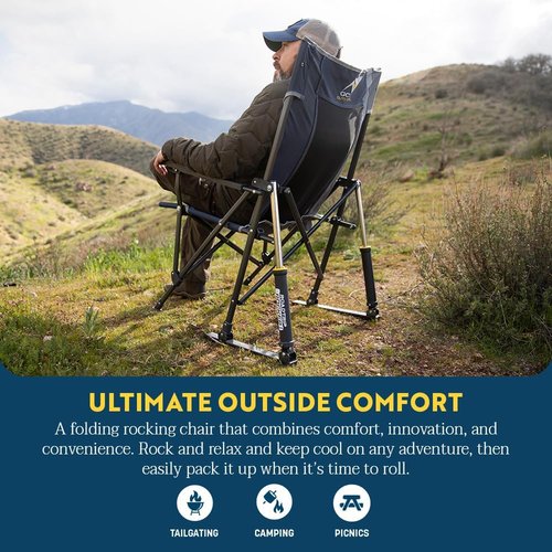 GCI Outdoor RoadTrip Rocker Camping Chair - Portable Folding Rocking Chair with Drink Holder & Extended Backrest | Indigo Blue