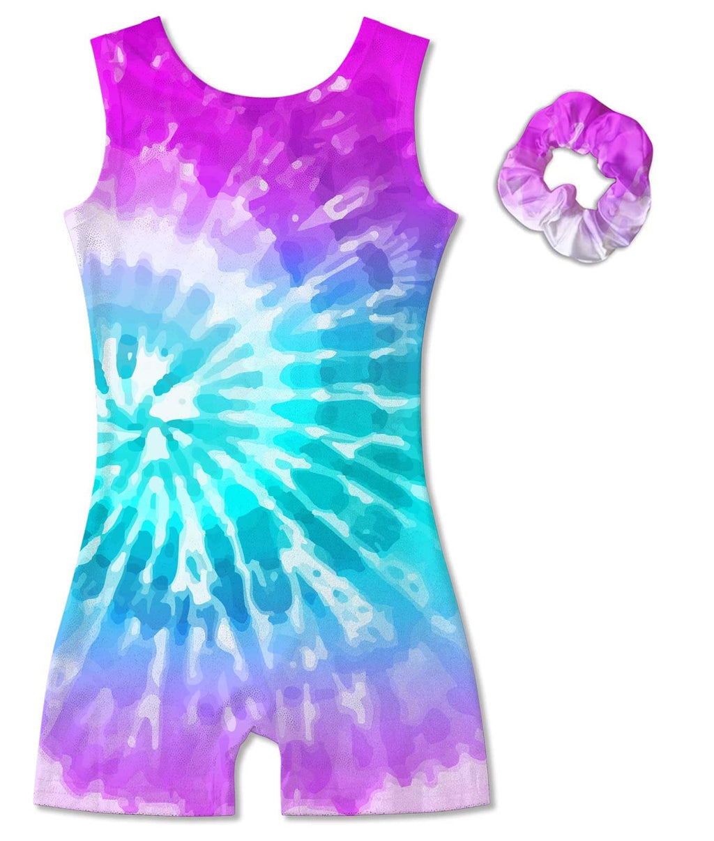 Vogseek Sparkly Gymnastics Leotards for Girls 4 5 Years Cute Psychedelic Tie Dye Shiny Ballet Dance Unitards Biketards with Hair Scrunchie Kids Tumbling Shorts Activewear Clothes