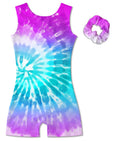 Vogseek Sparkly Gymnastics Leotards for Girls 4 5 Years Cute Psychedelic Tie Dye Shiny Ballet Dance Unitards Biketards with Hair Scrunchie Kids Tumbling Shorts Activewear Clothes