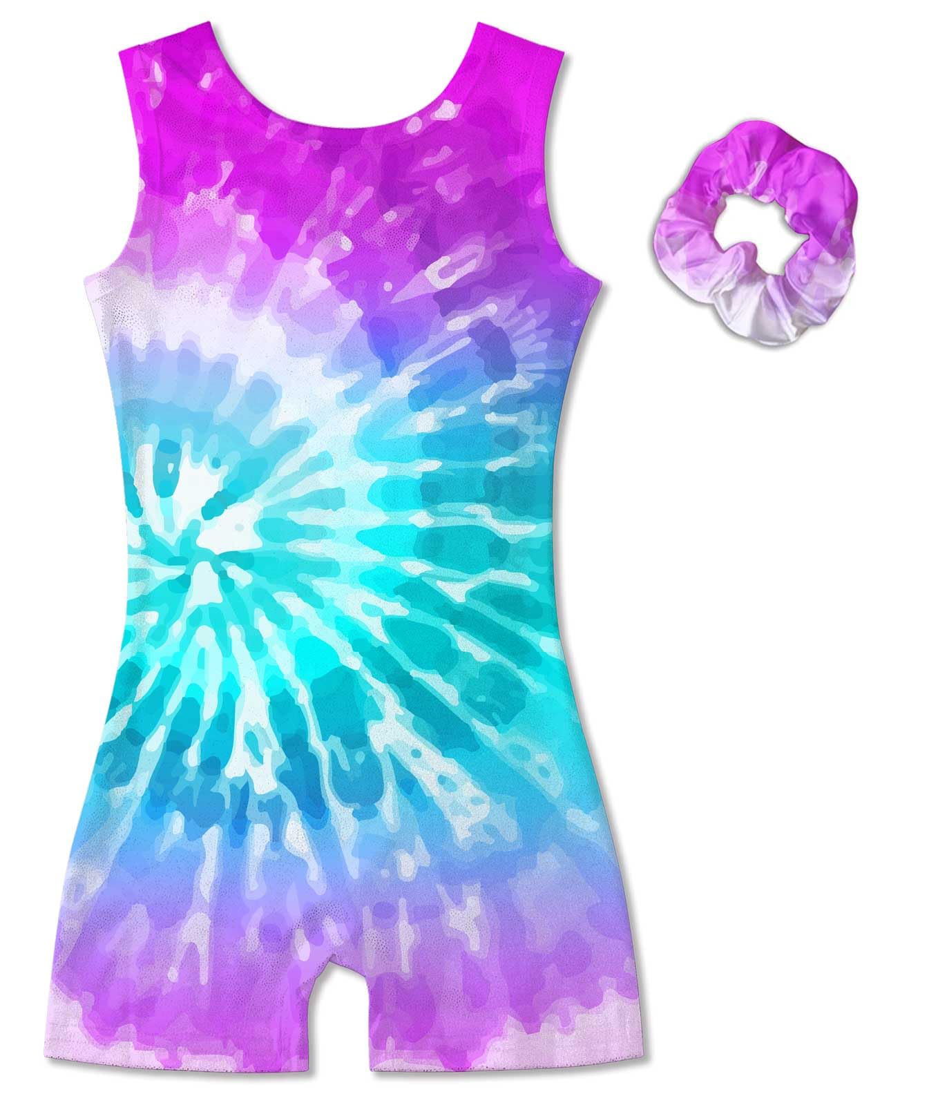 Vogseek Sparkly Gymnastics Leotards for Girls 4 5 Years Cute Psychedelic Tie Dye Shiny Ballet Dance Unitards Biketards with Hair Scrunchie Kids Tumbling Shorts Activewear Clothes