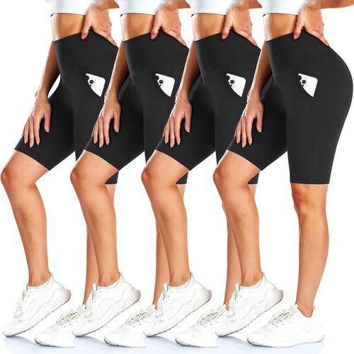 FULLSOFT Biker Shorts for Women - High Waisted Tummy Control with Pockets | 4 Pack, 8" Length