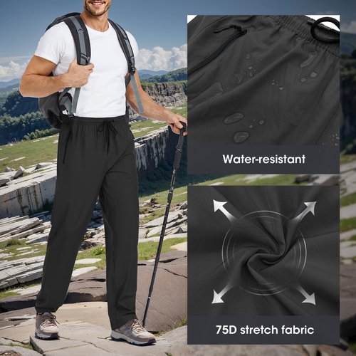 BondiTrekk Mens Lightweight Hiking Pants Water Resistant Athletic Workout Running Travel Casual Joggers 3 Pockets Quick Dry Black
