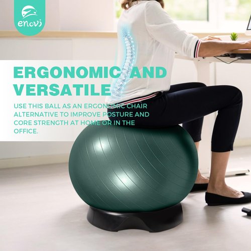 ENOVI EasyBalance Exercise Ball, Yoga Ball, with Base & Pump Set, 65cm, Pineneedle Green