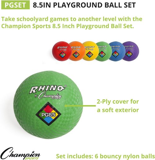 Champion Sports Rhino Playground Ball Set - Durable Two-Ply, Nylon Wound Balls | Set of 6 Colors, 8.5"D