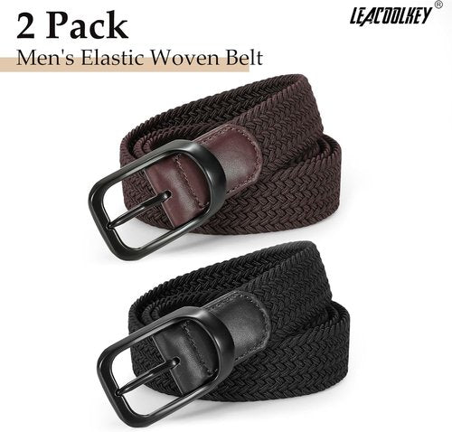 LEACOOLKEY Stretch Belts for Men - Elastic Woven Braided Casual Golf Belt | 2 Pack, 1 3/8" Width