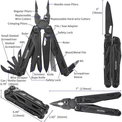 ROCKTOL Multitool, VG-10 Blade, 29-in-1 Multitool Pliers with Replaceable Wire Cutters and Saw, Heavy-duty Stainless Steel Multi-tool Set and Nylon Sheath for Camping Survival multi tool for Man