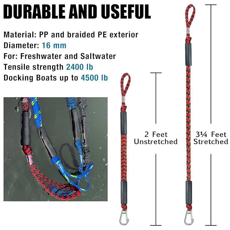 2 ft Bungee Dock Lines with 316 Stainless Snap Hooks – 2 Pack for Boat Mooring (Red & Black, 2 Feet) - Geelu