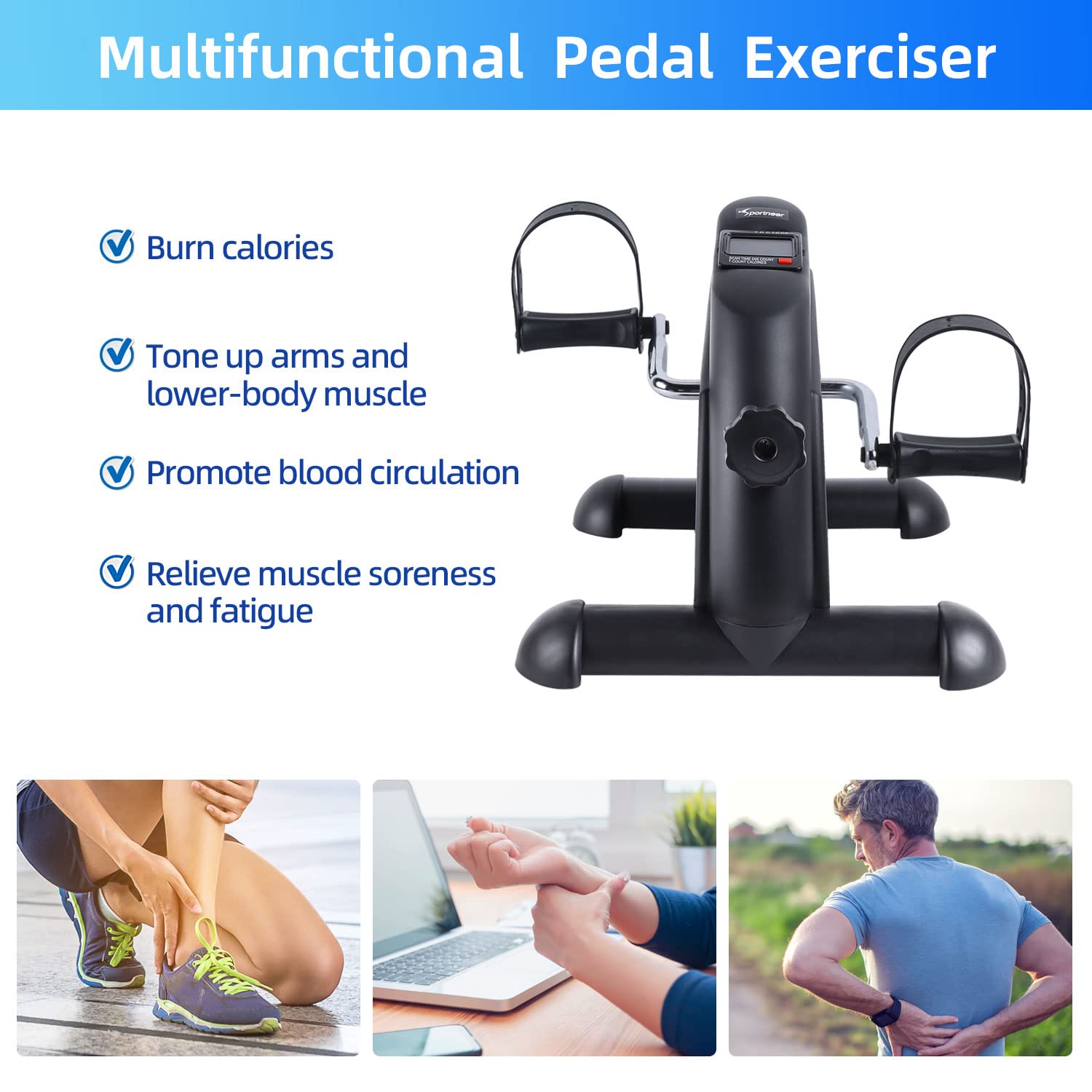 Under Desk Bike Pedal Exerciser, Mini Exercise Bike Portable Peddler Sitting for Seniors with LCD Display Sportneer Foot Cycle Arm & Leg Bike Pedals Exerciser with Anti-Skid Mat for Home Office