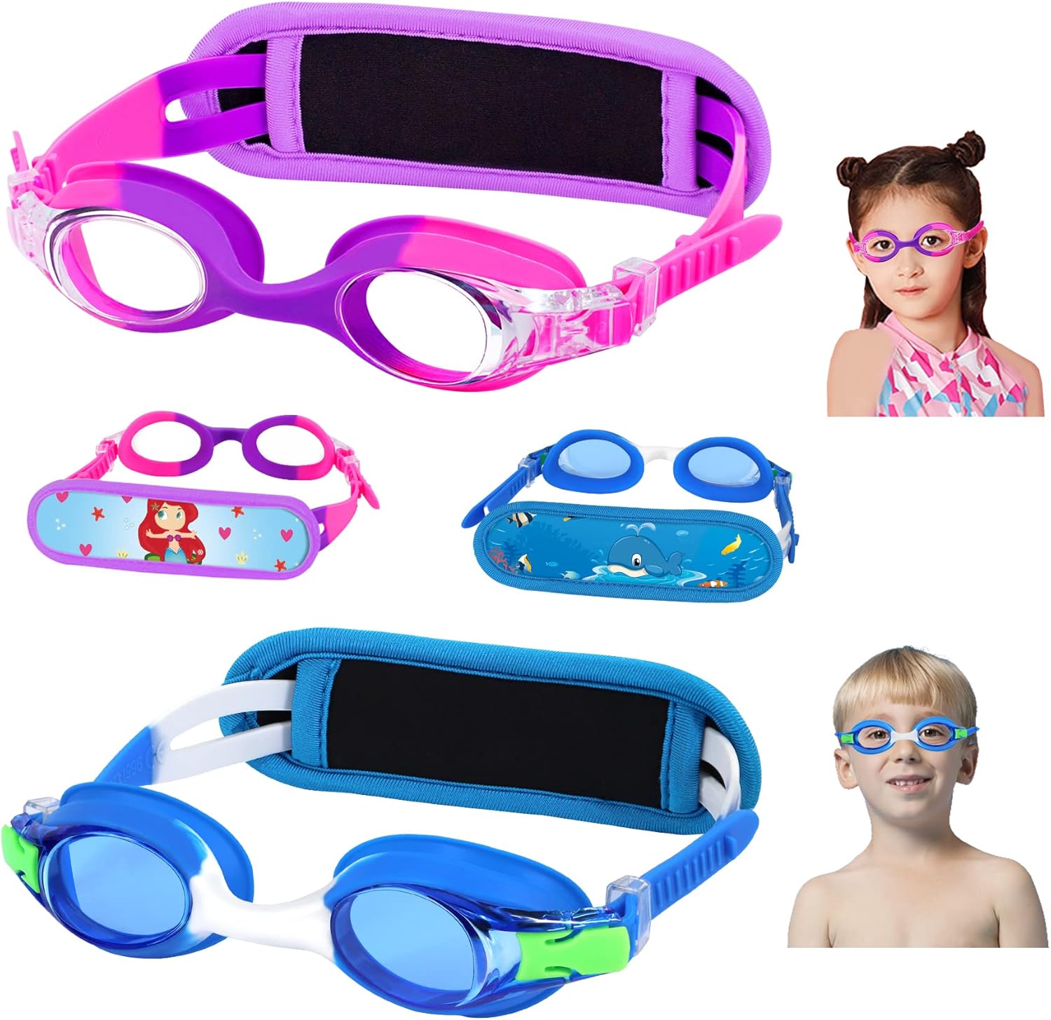 Vvinca Kids Swim Goggles - Anti-Fog, No Leak Design with Fabric Strap | Pain-Free for Toddlers & Children