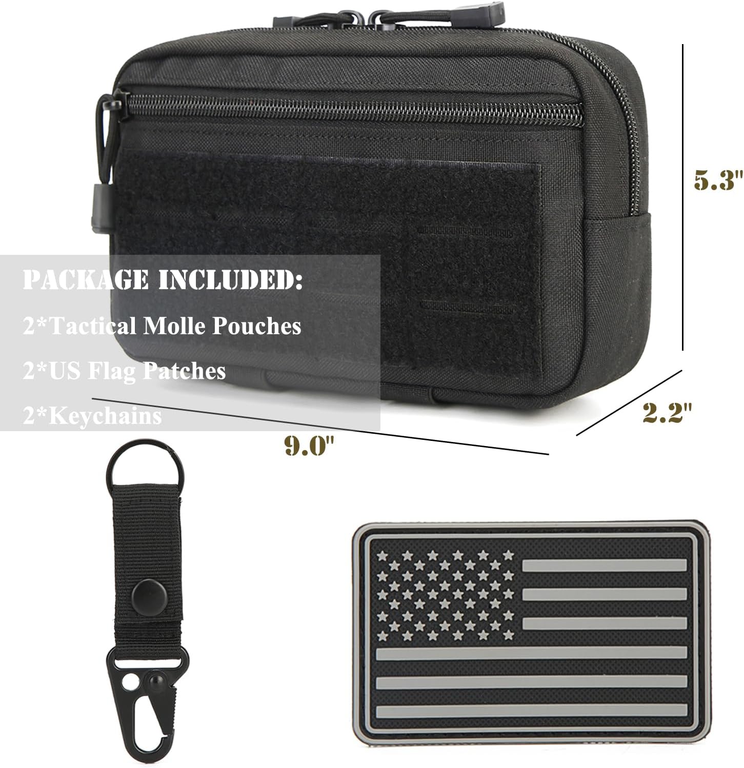 Skiennix Tactical Molle Admin Pouch - 2 Pack with US Flag Patch & Keychain | Horizontal Modular Design